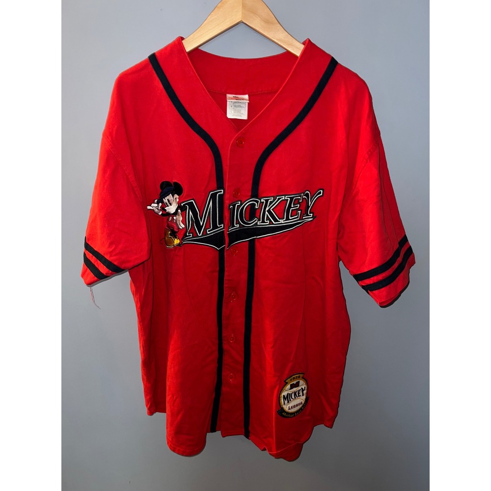 Disney Store Mickey Mouse Baseball Jersey Red Short Sleeve Button Front Large